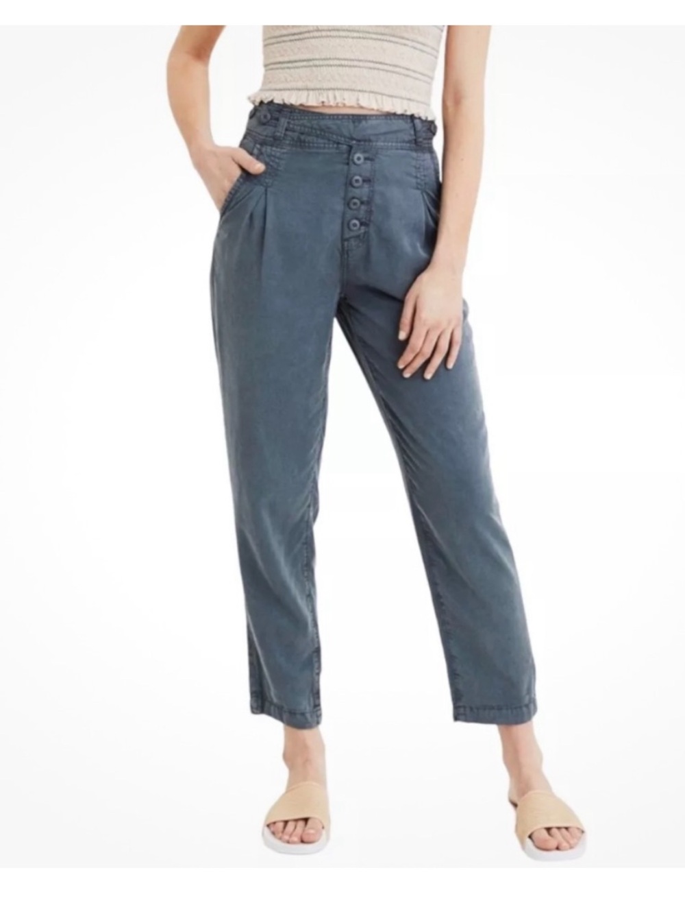American Eagle Super High Rise Washed Blue Button-Front Pants NWT